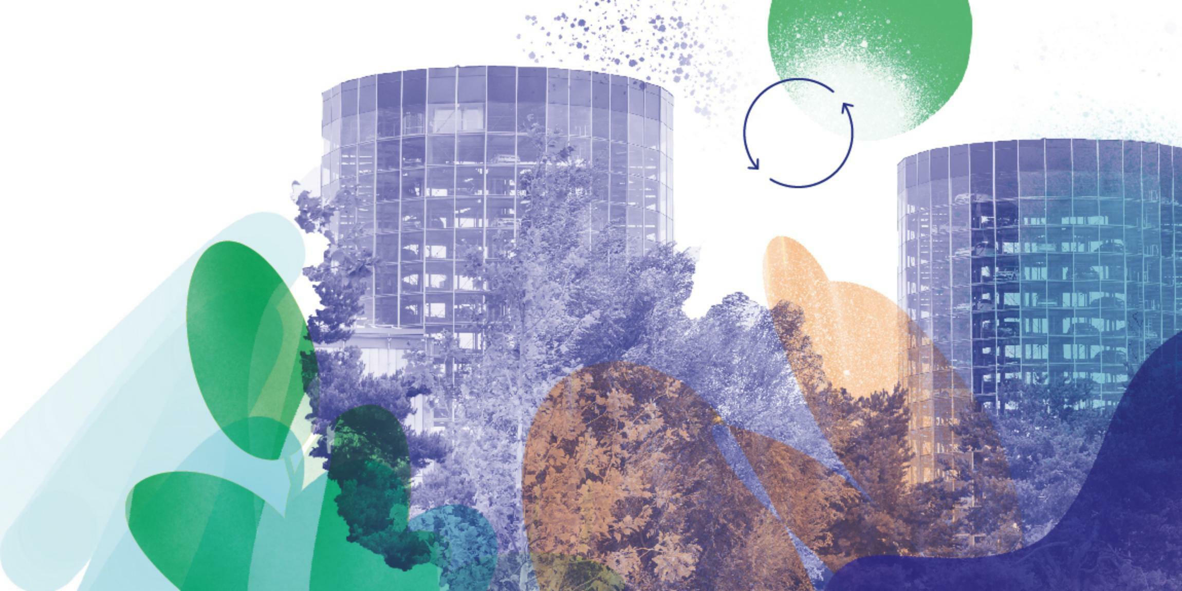 Collage aus einem lila-gefärbten Foto der Autostadt Abholtürme und illustrierten Elementen: große bunte Blattelemente, die vor den Türmen hochragen.