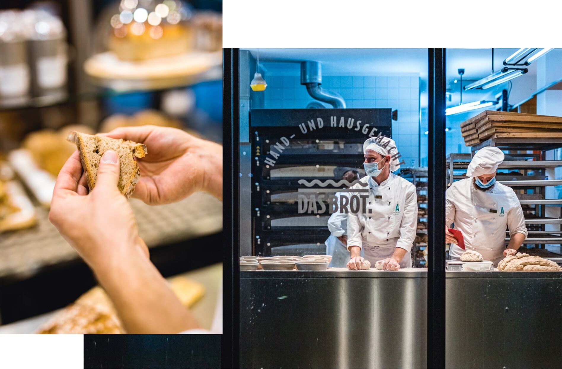 Collage aus zwei Bildern. Links: Hände halten eine Brotscheibe. Rechts: Drei brotbackende Menschen hinter einer Glasfront in einer Backstube.