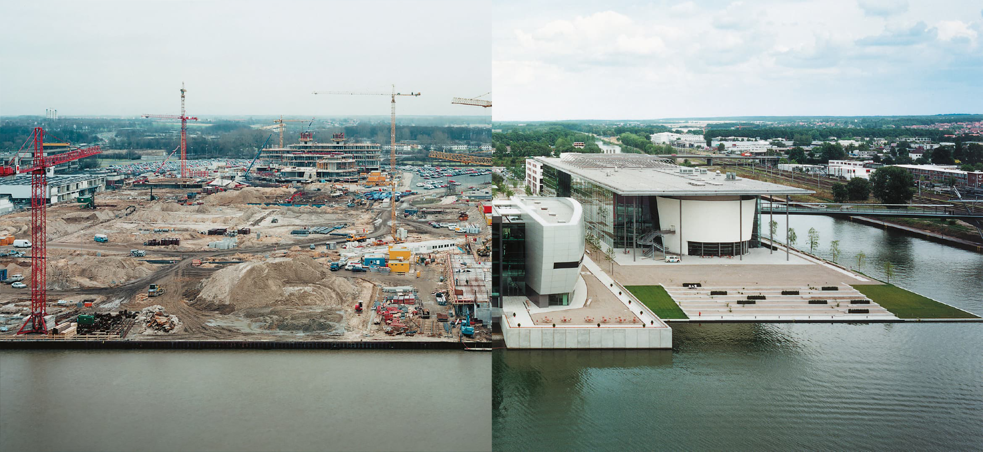 Collage aus zwei Bildern. Links: Eine Groß-Baustelle am Wasser. Rechts: Die fertig-gebaute Autostadt am Wasser.