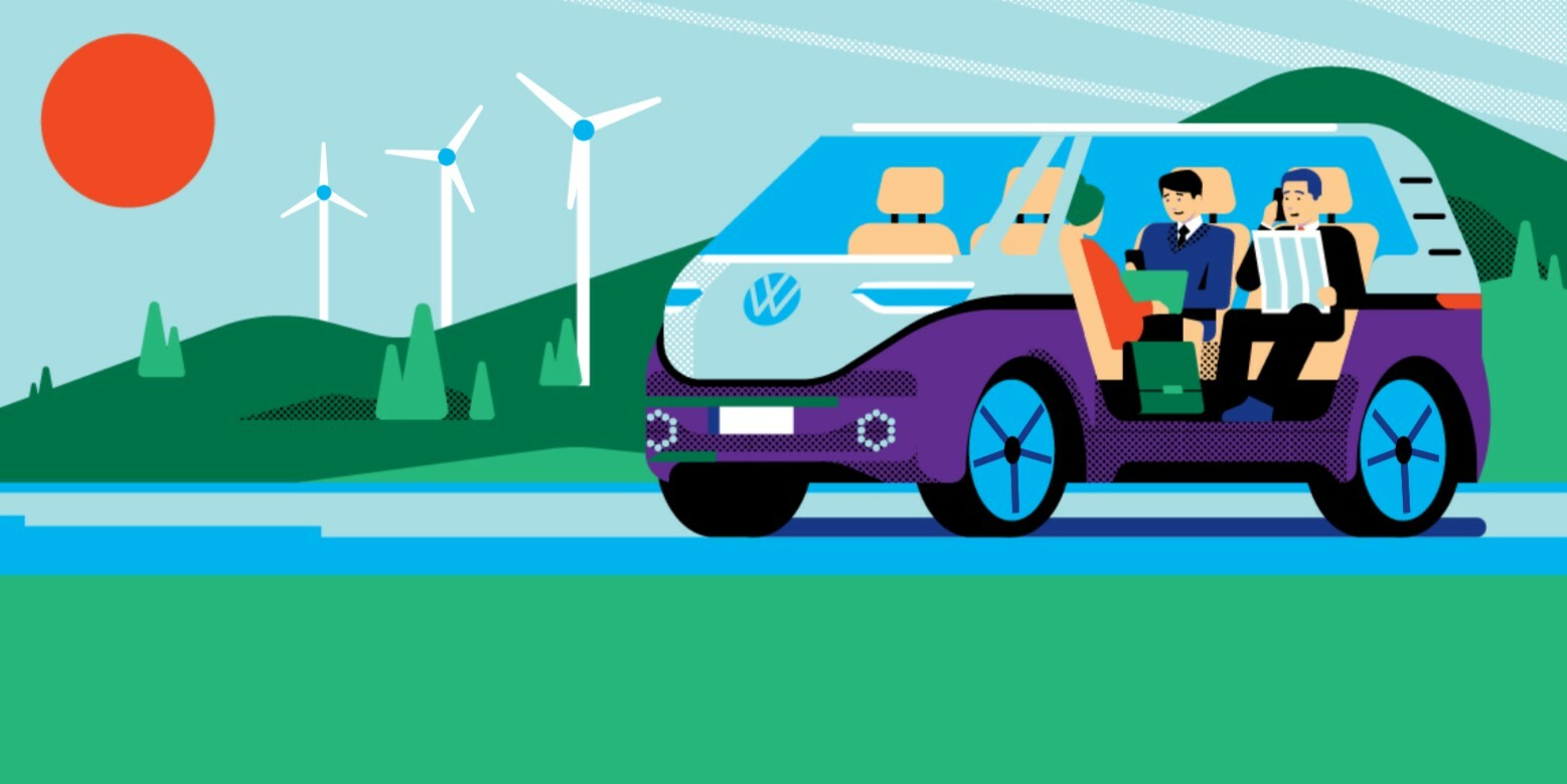 Illustration von Personen in seitlich-offenen VW. Sie telefonieren, haben einen Laptop auf dem Schoss. Er parkt in einer Landschaft mit Windrädern.