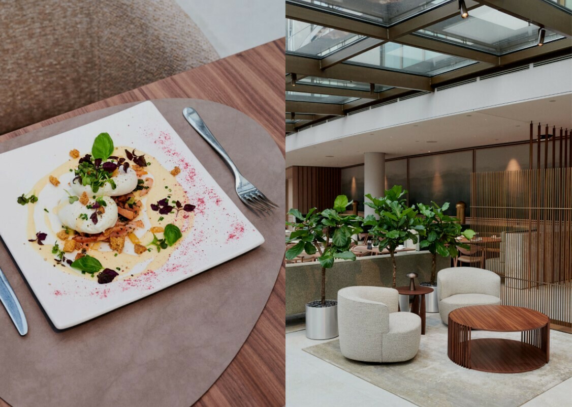 Collage aus zwei Bildern. Link Nahaufnahme auf einen Gedeck mit einem dekorativ angerichteten Salat. Rechts ist ein Sitzbereich der Lounge zu sehen.