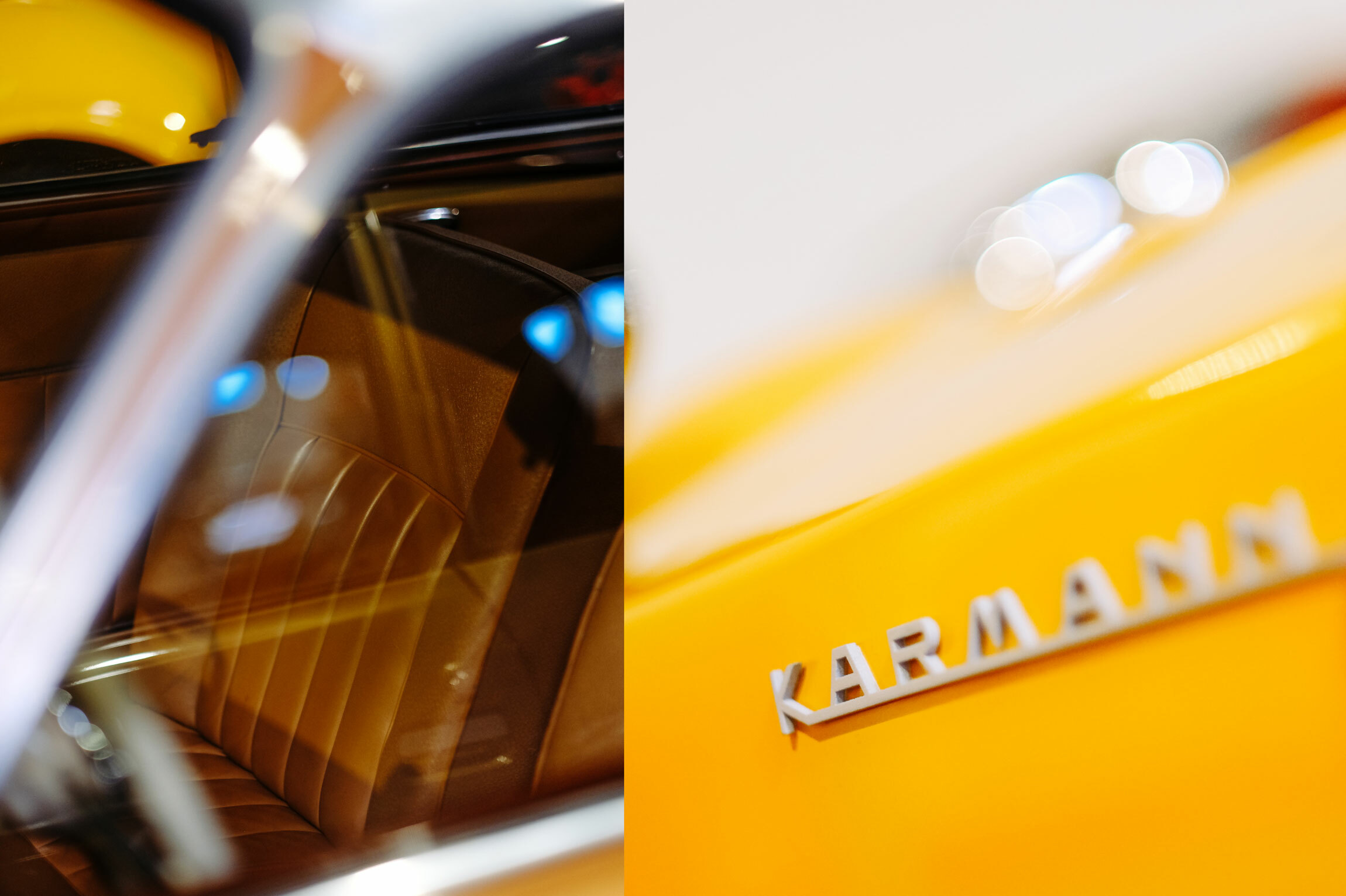 Collage aus zwei Bildern. Links: Blick durchs Fenster auf die braune Leder-Rücksitzbank. Rechts: Nahaufnahme Karmann Emblems auf einem gelbem Wagen.