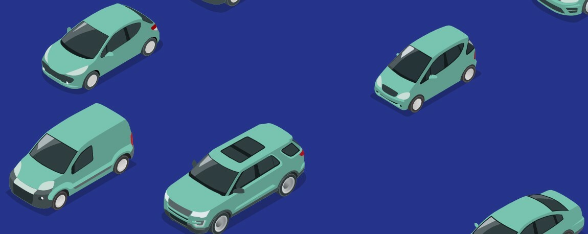 Illustration von 5 türkisfarbenen unterschiedlichen Automodellen aus der Vogelperspektive auf blauem Untergrund.