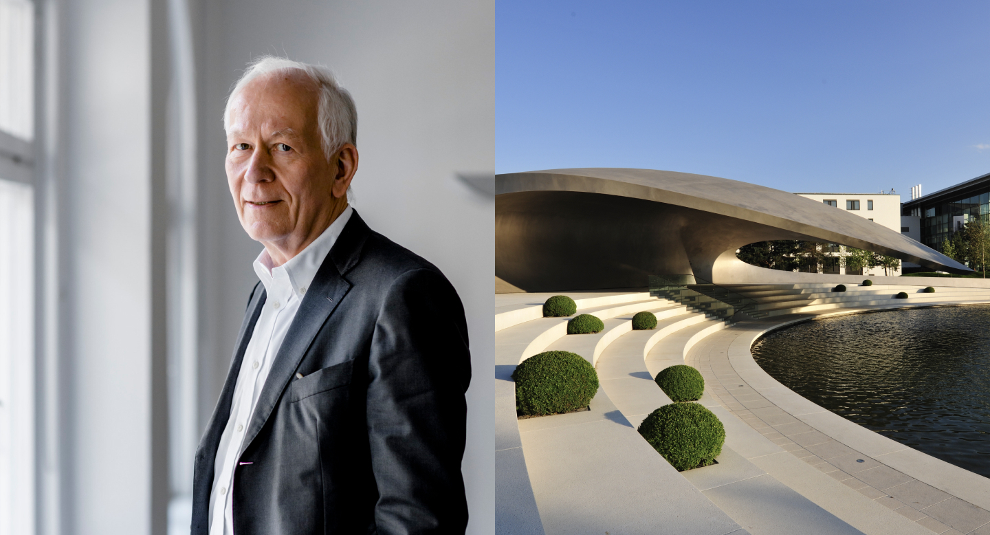 Collage aus zwei Bildern. Links ein Portrait des Architekten Gunter Henn im Blazer, in die Kamera blickend. Rechts der Porsche Pavillon der Autostadt.